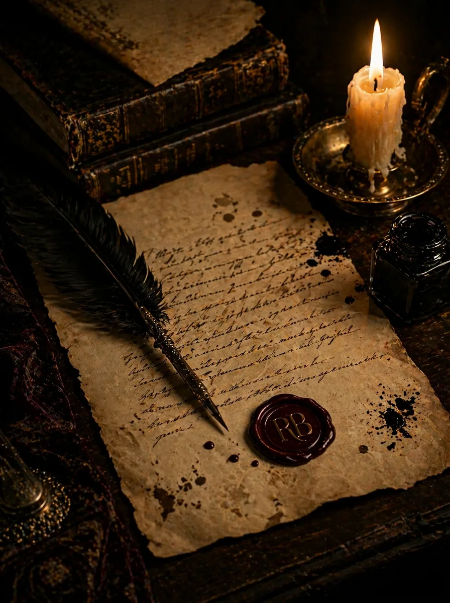 A handwritten letter sealed with the RB wax seal, quill, and candle