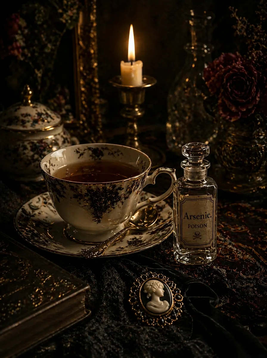 A porcelain teacup, arsenic bottle, and cameo by candlelight