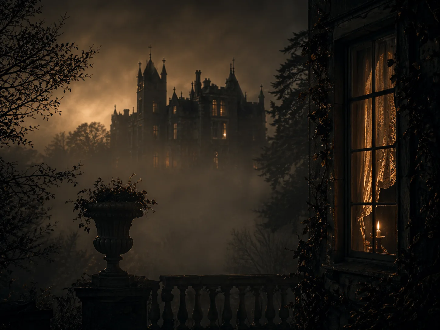 A Gothic manor silhouette in fog, with a single lit window