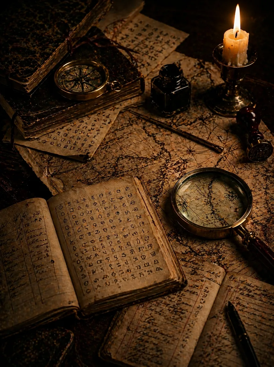 A cipher book, compass, map, and magnifying glass by candlelight