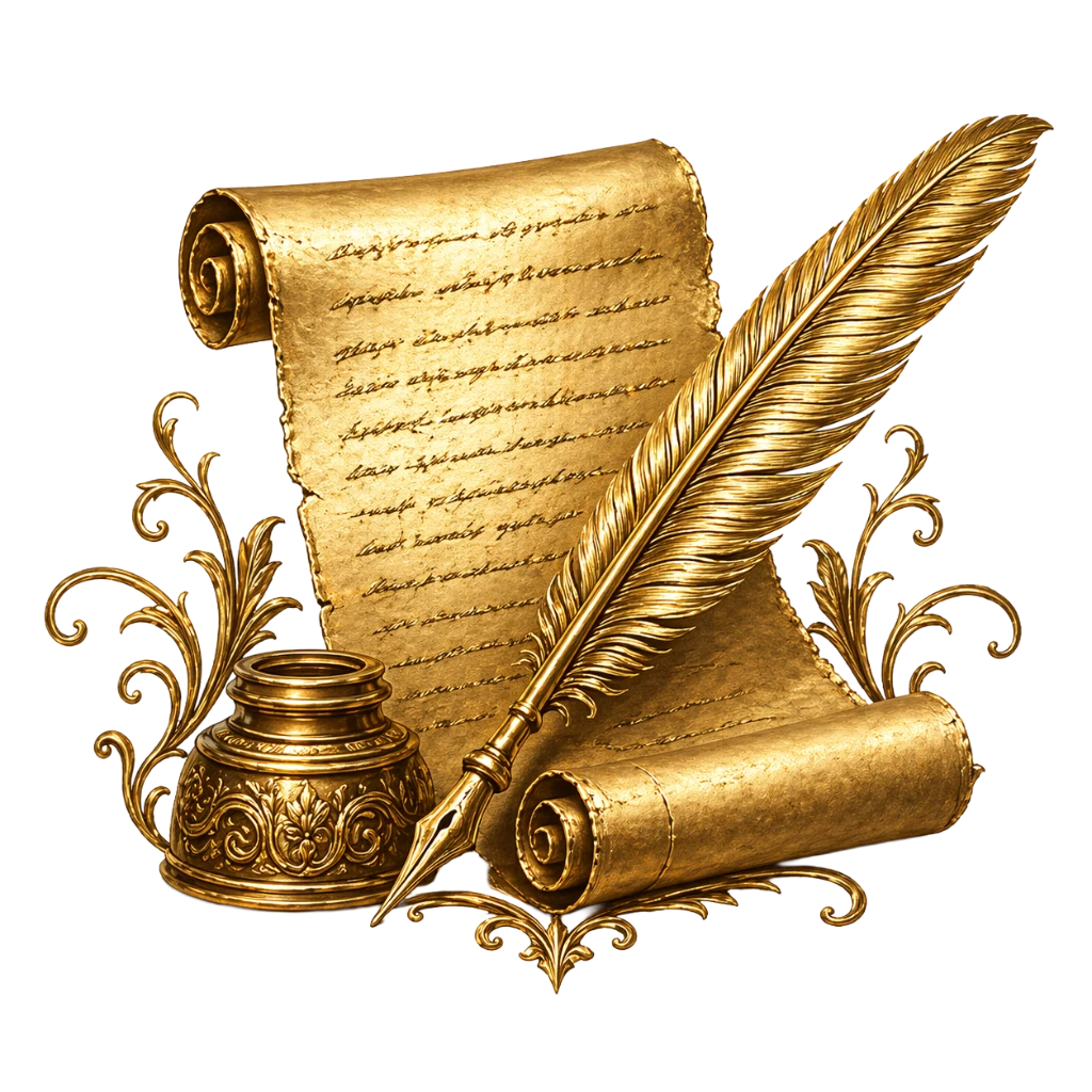 Quill, scroll, and inkwell