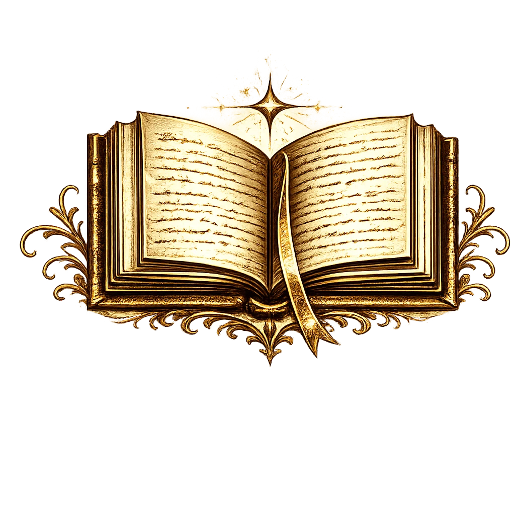 Open gilt book with ribbon